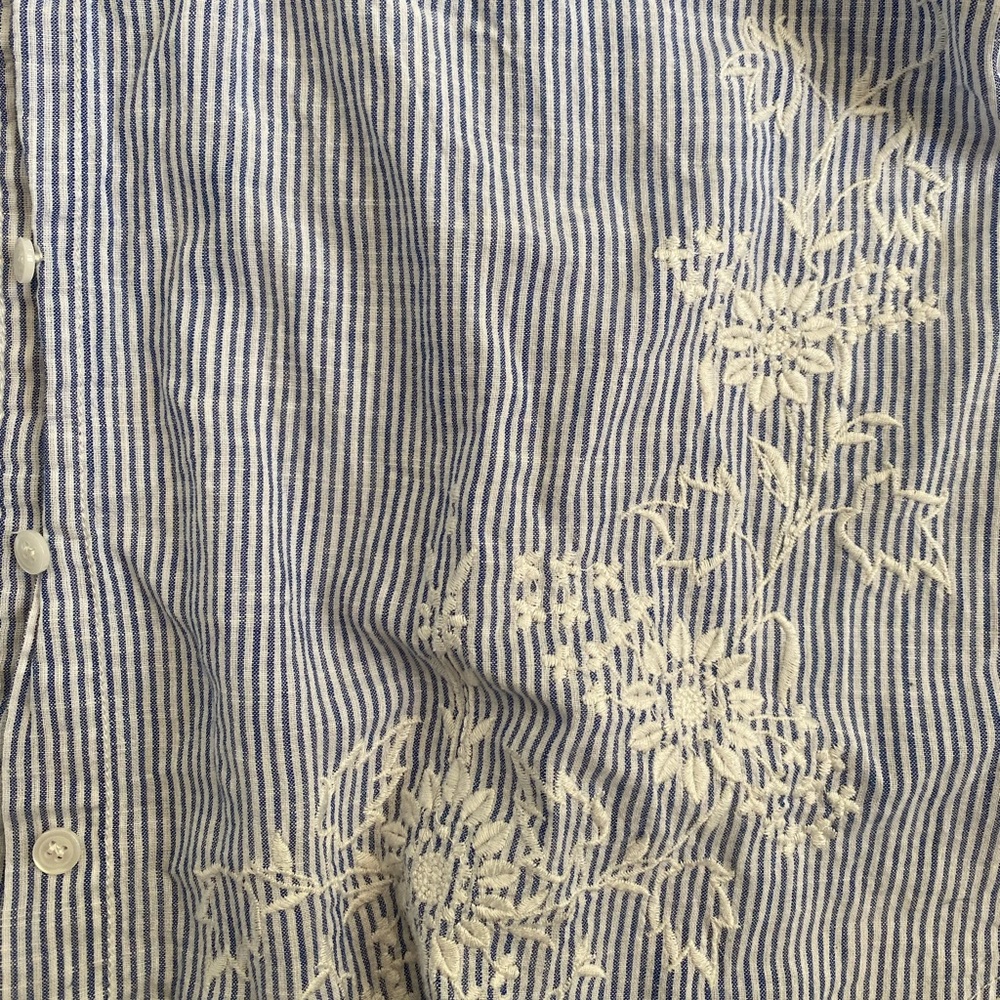 Madewell Button Down Flowy Short Sleeve Flower and Stripe Top - Picture 3 of 5